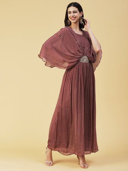 Polka Dot Printed & Hand Embroidered Fit & Flare Maxi Dress - Brown