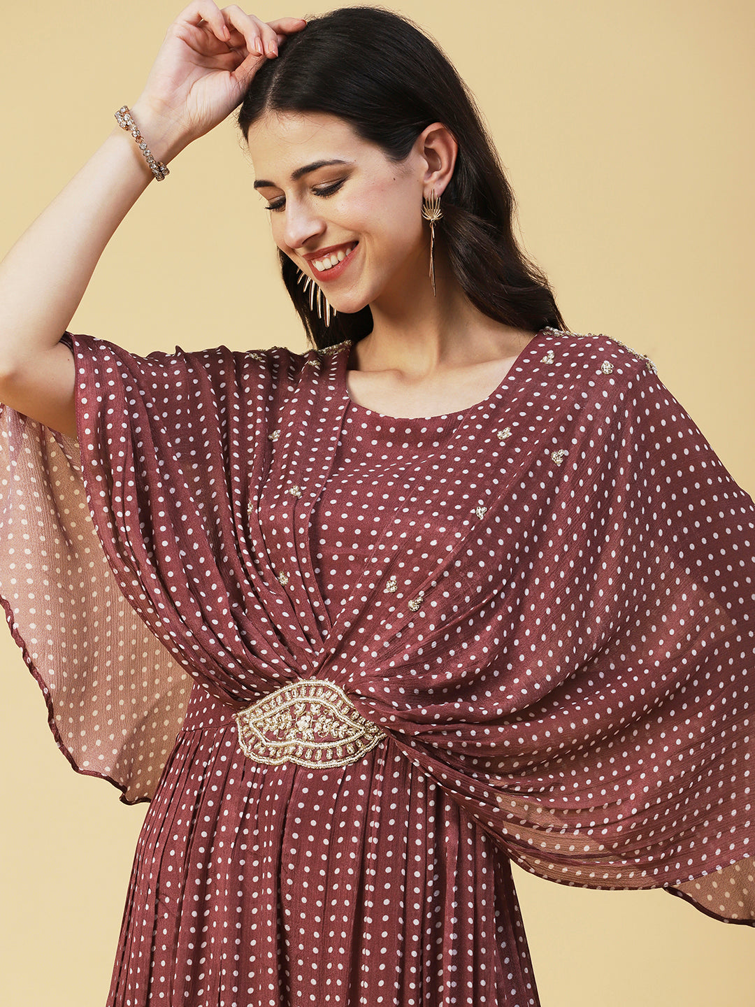 Polka Dot Printed & Hand Embroidered Fit & Flare Maxi Dress - Brown