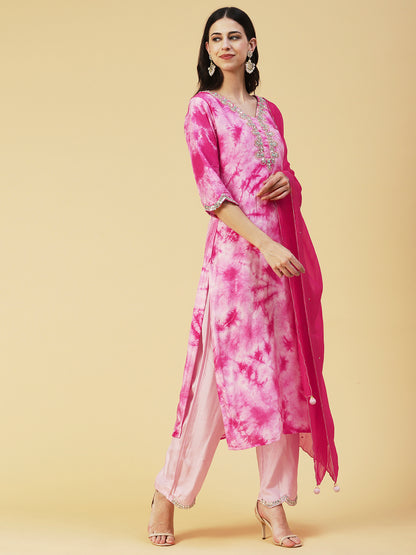 Tie - Dye Printed & Hand Embroidered Kurta with Pant & Dupatta - Pink
