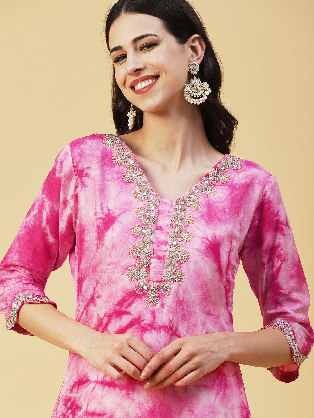 Tie - Dye Printed & Hand Embroidered Kurta with Pant & Dupatta - Pink