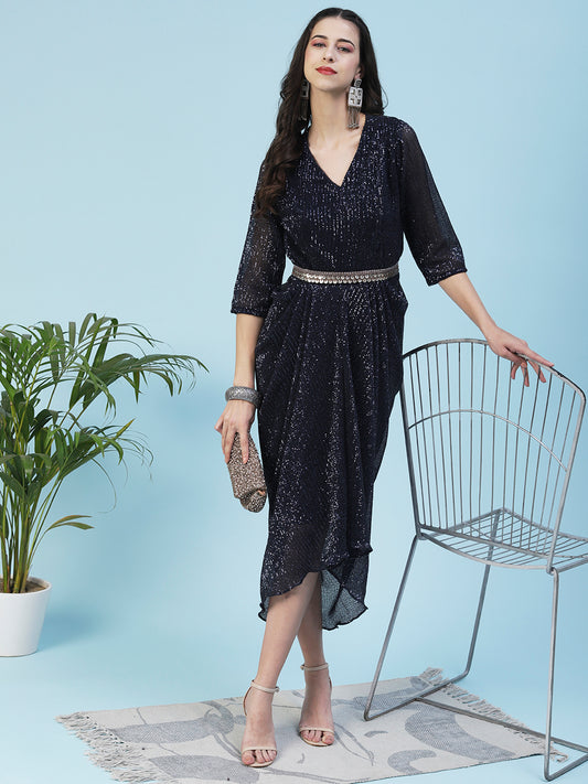 Sequined Tulip Hem Dress With Antique Embroidered Belt - Navy Blue