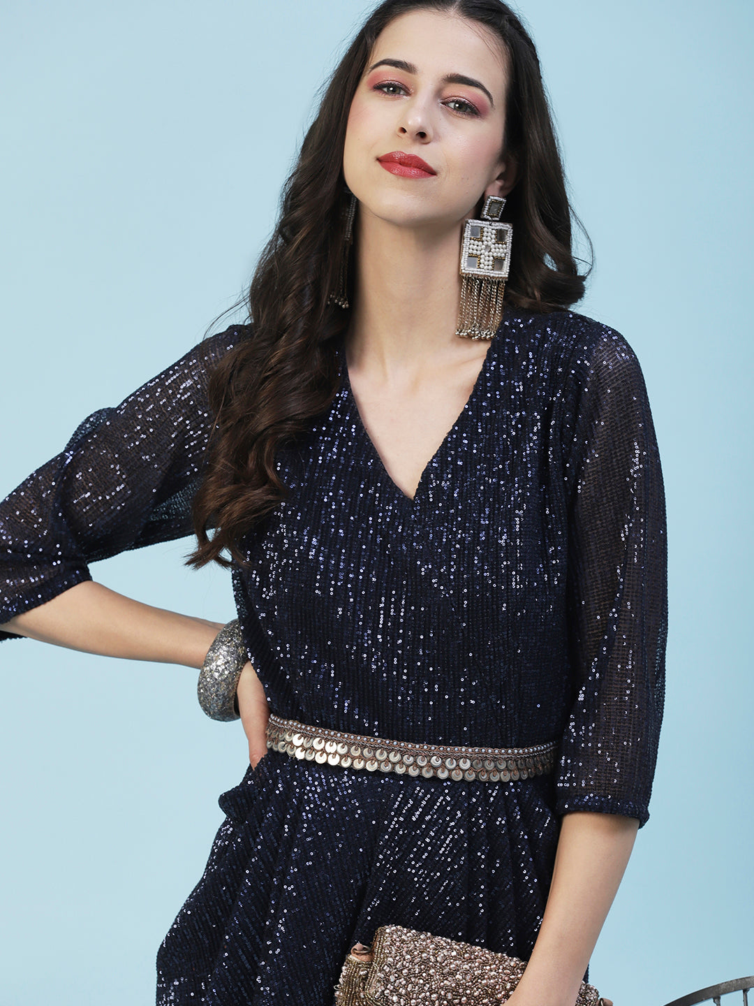 Sequined Tulip Hem Dress With Antique Embroidered Belt - Navy Blue