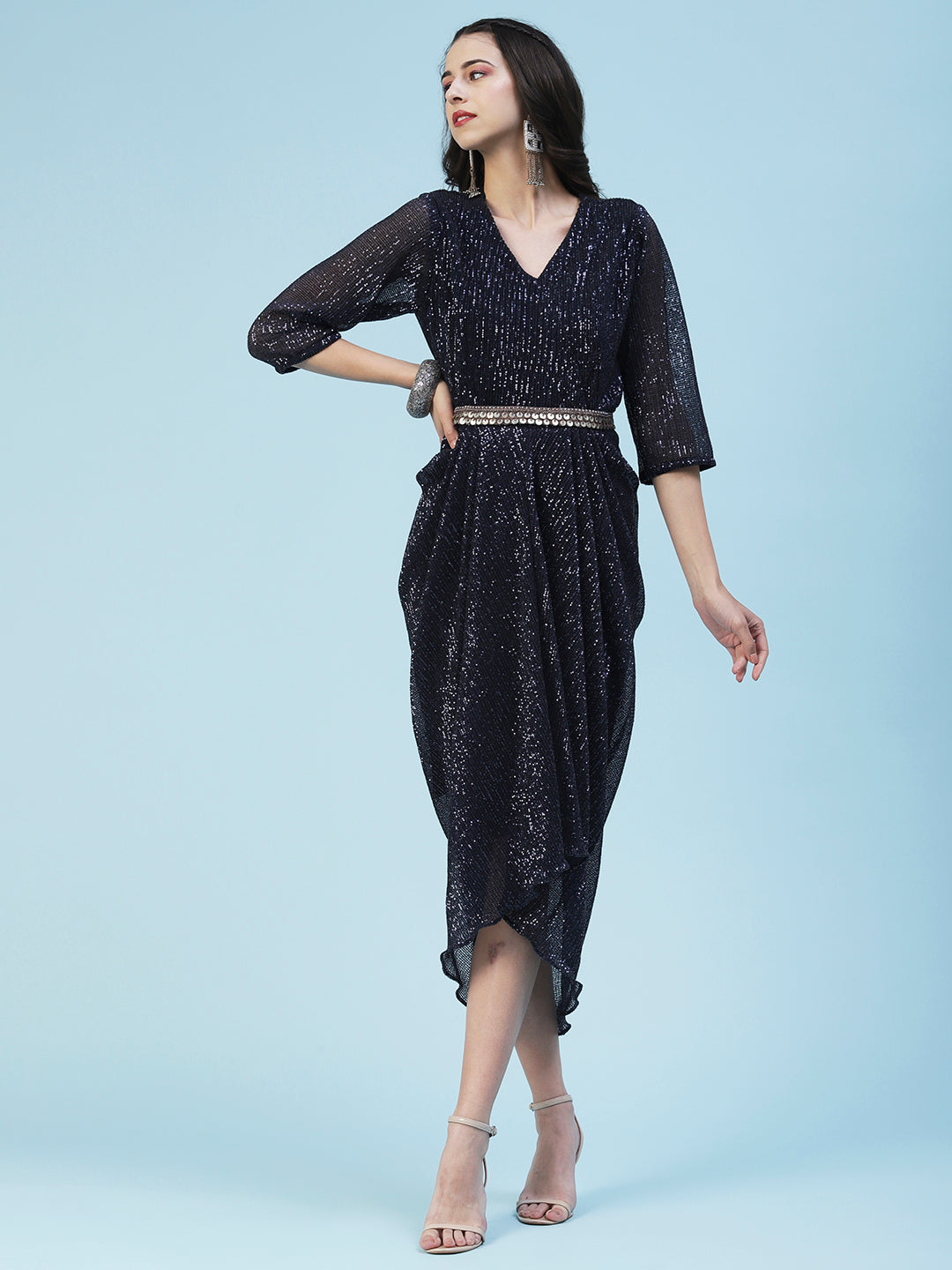 Sequined Tulip Hem Dress With Antique Embroidered Belt - Navy Blue