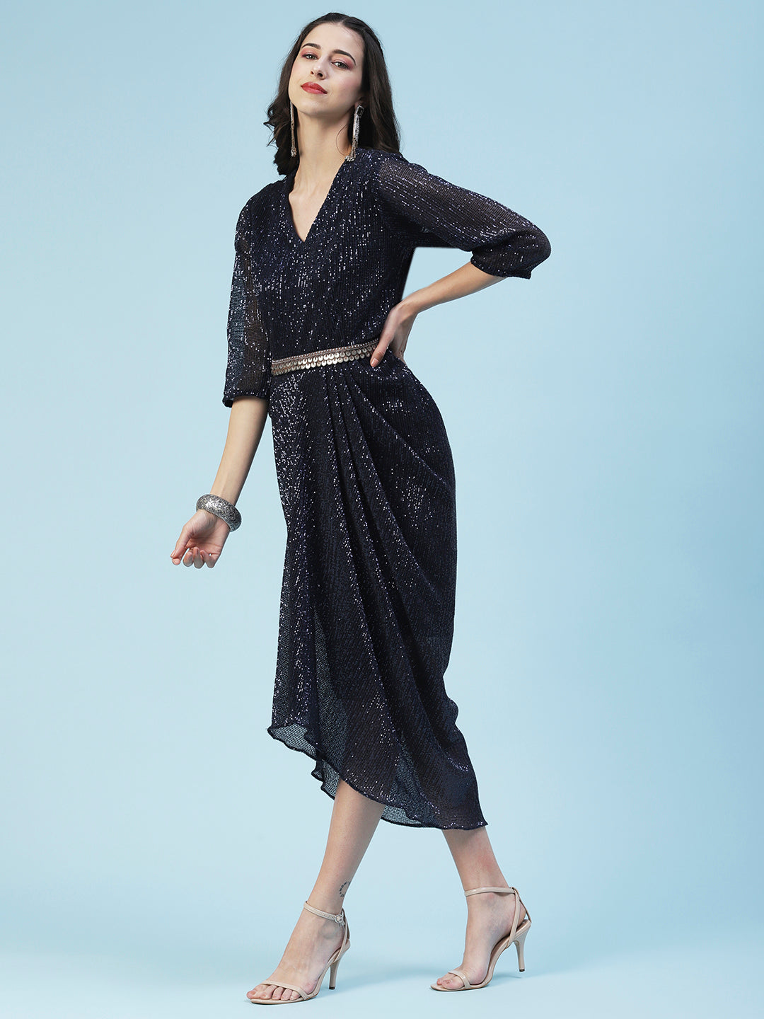 Sequined Tulip Hem Dress With Antique Embroidered Belt - Navy Blue