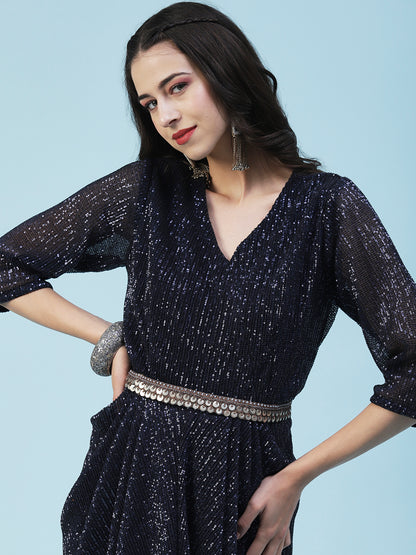 Sequined Tulip Hem Dress With Antique Embroidered Belt - Navy Blue