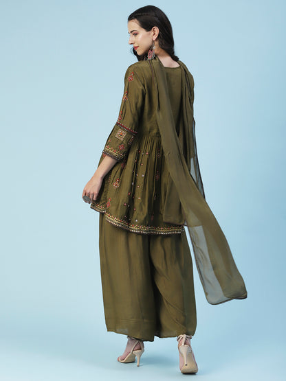 Ethnic Embroidered Solid Peplum Kurta with Palazzo & Dupatta - Olive