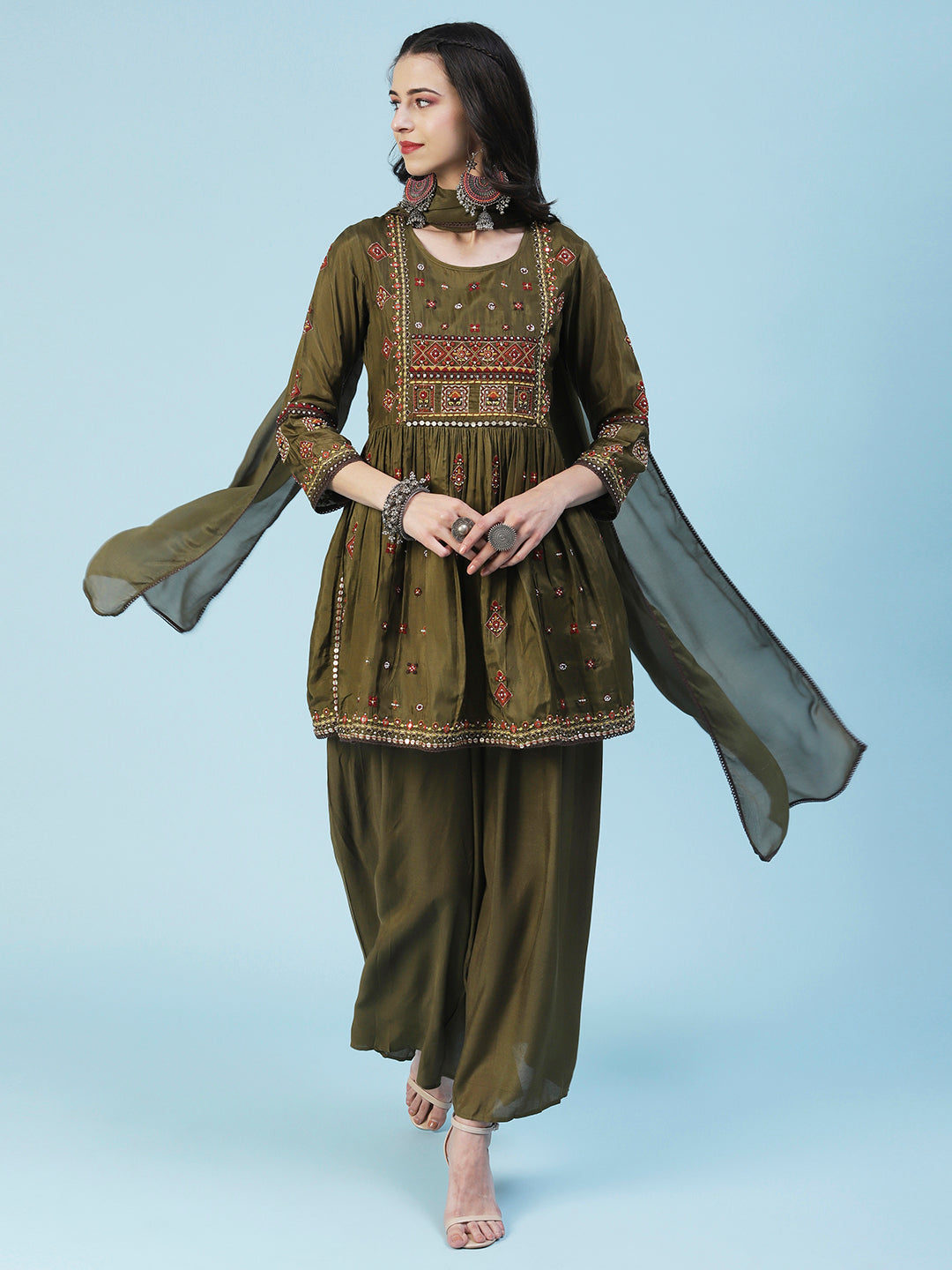 Ethnic Embroidered Solid Peplum Kurta with Palazzo & Dupatta - Olive