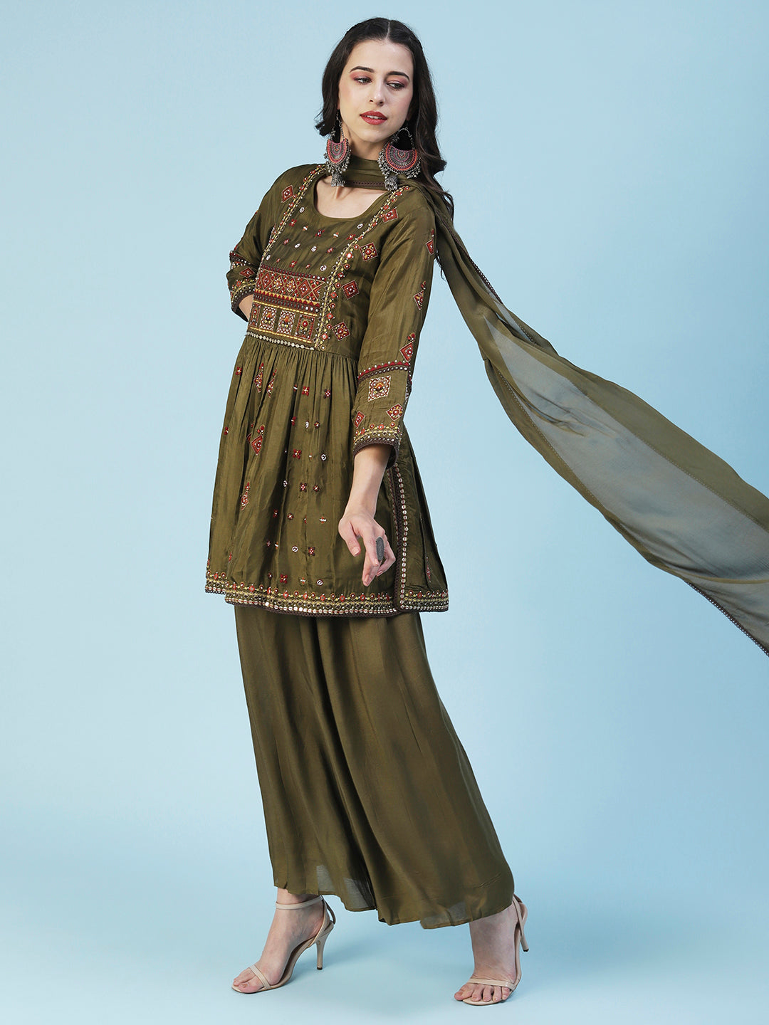 Ethnic Embroidered Solid Peplum Kurta with Palazzo & Dupatta - Olive