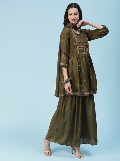 Ethnic Embroidered Solid Peplum Kurta with Palazzo & Dupatta - Olive