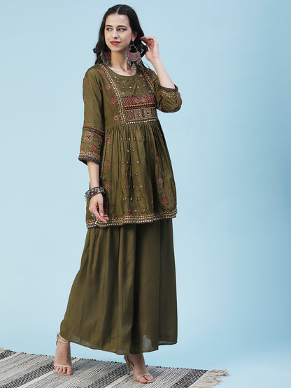 Ethnic Embroidered Solid Peplum Kurta with Palazzo & Dupatta - Olive