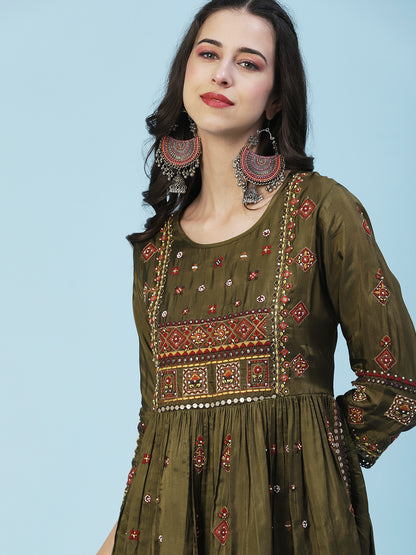 Ethnic Embroidered Solid Peplum Kurta with Palazzo & Dupatta - Olive