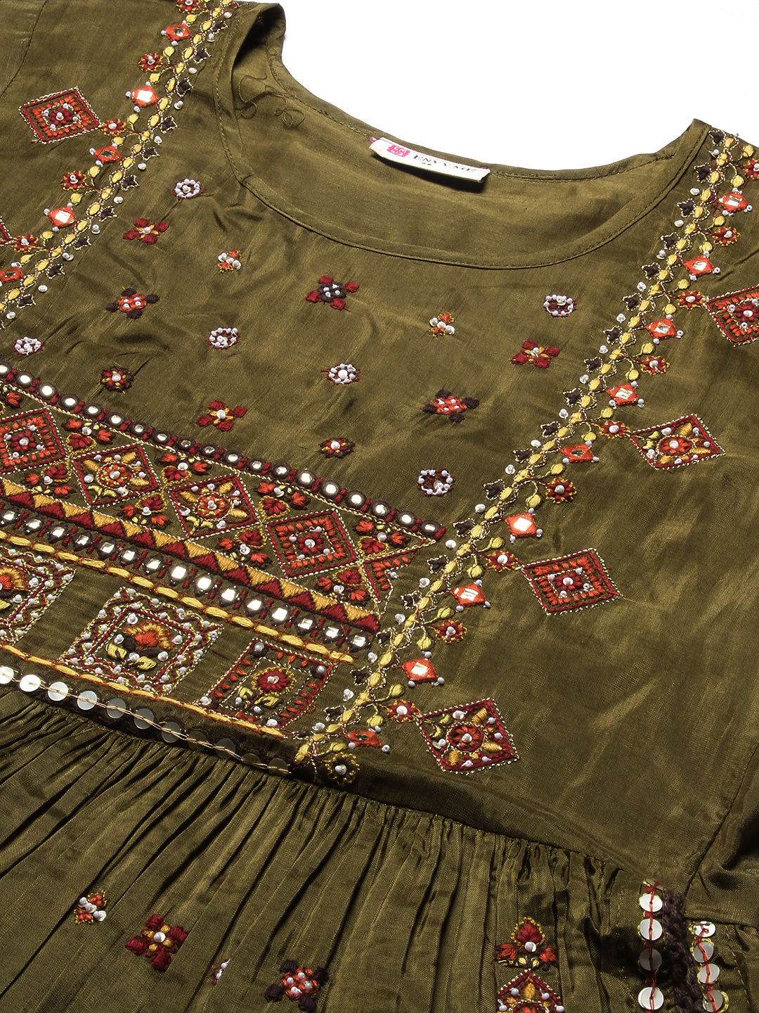 Ethnic Embroidered Solid Peplum Kurta with Palazzo & Dupatta - Olive