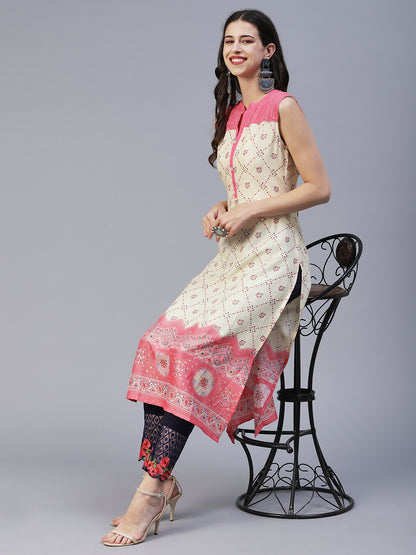 Geometric Printed Resham & Sequins Embroidered Kurta - Pink