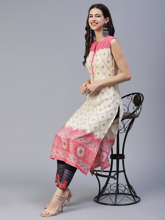 Geometric Printed Resham & Sequins Embroidered Kurta - Pink