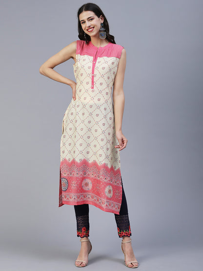 Geometric Printed Resham & Sequins Embroidered Kurta - Pink