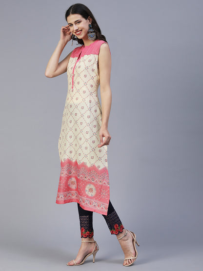 Geometric Printed Resham & Sequins Embroidered Kurta - Pink