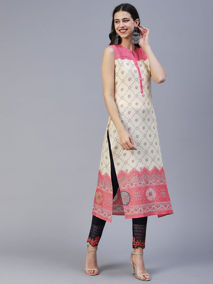 Geometric Printed Resham & Sequins Embroidered Kurta - Pink