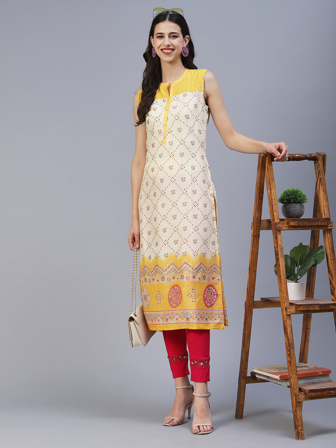 Geometric Printed Resham & Sequins Embroidered Kurta - Yellow