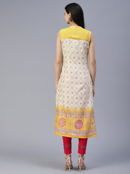 Geometric Printed Resham & Sequins Embroidered Kurta - Yellow