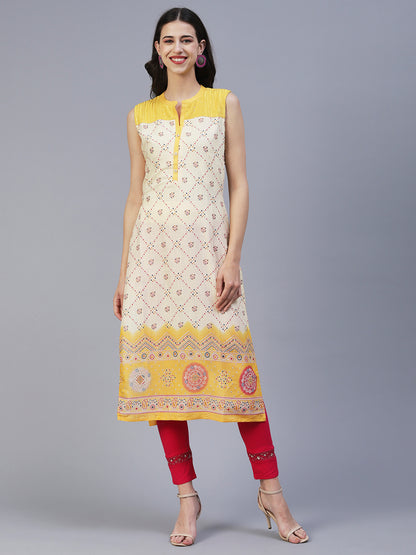 Geometric Printed Resham & Sequins Embroidered Kurta - Yellow