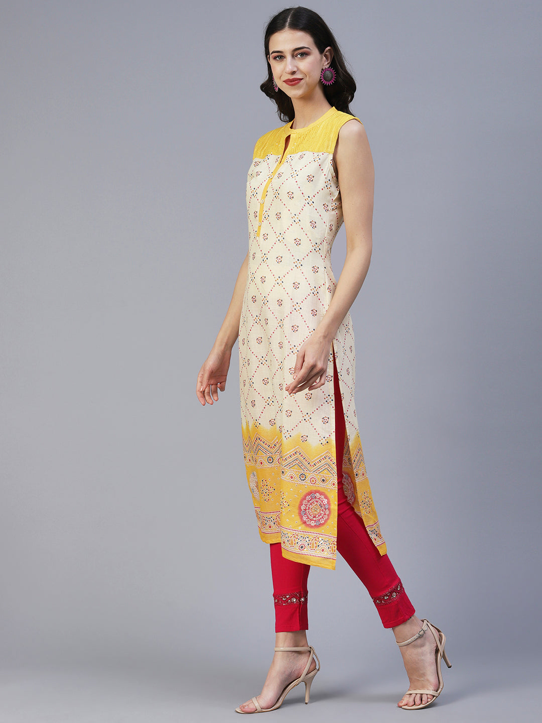 Geometric Printed Resham & Sequins Embroidered Kurta - Yellow