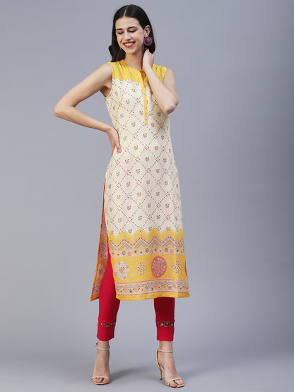 Geometric Printed Resham & Sequins Embroidered Kurta - Yellow