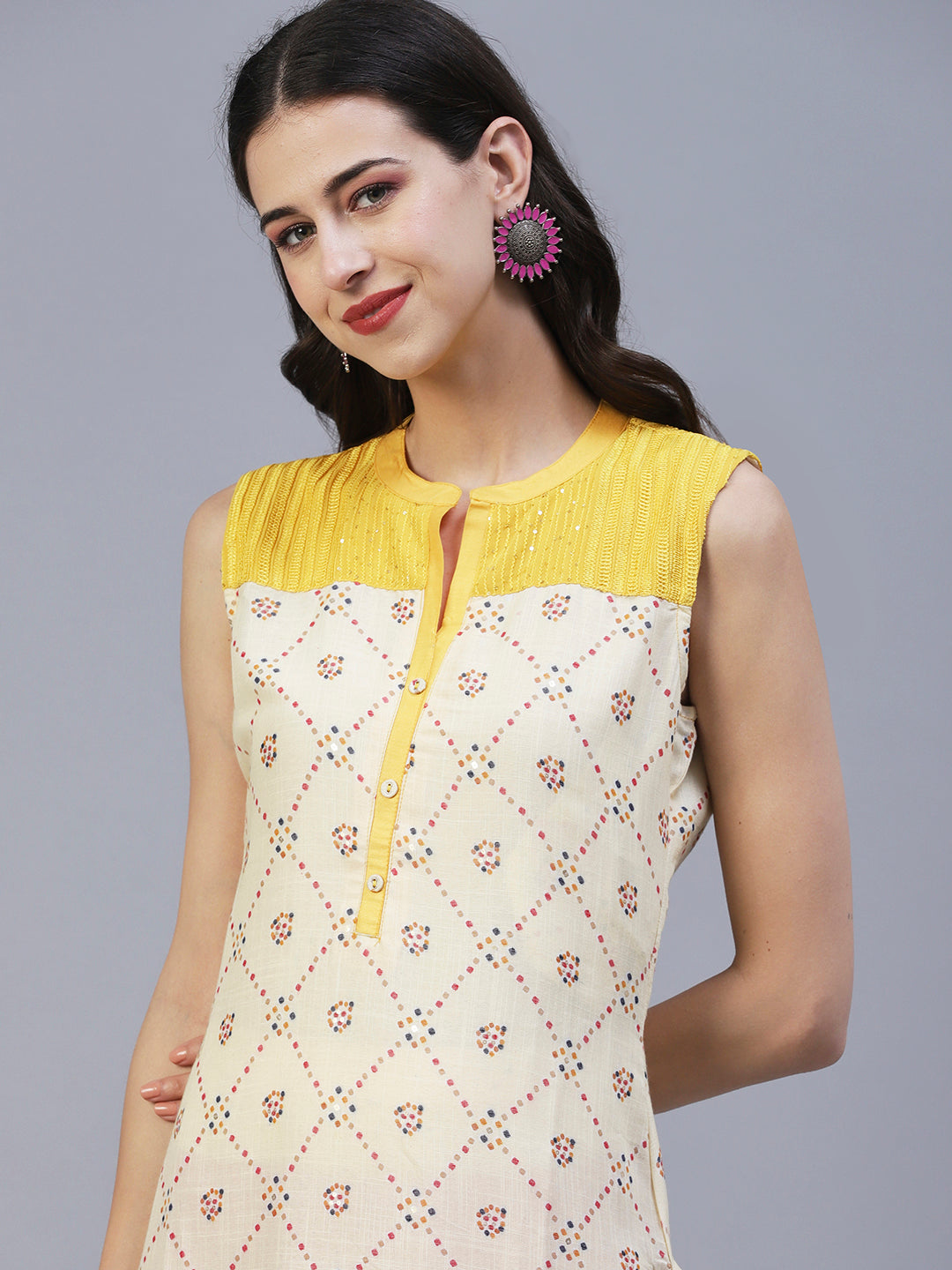 Geometric Printed Resham & Sequins Embroidered Kurta - Yellow