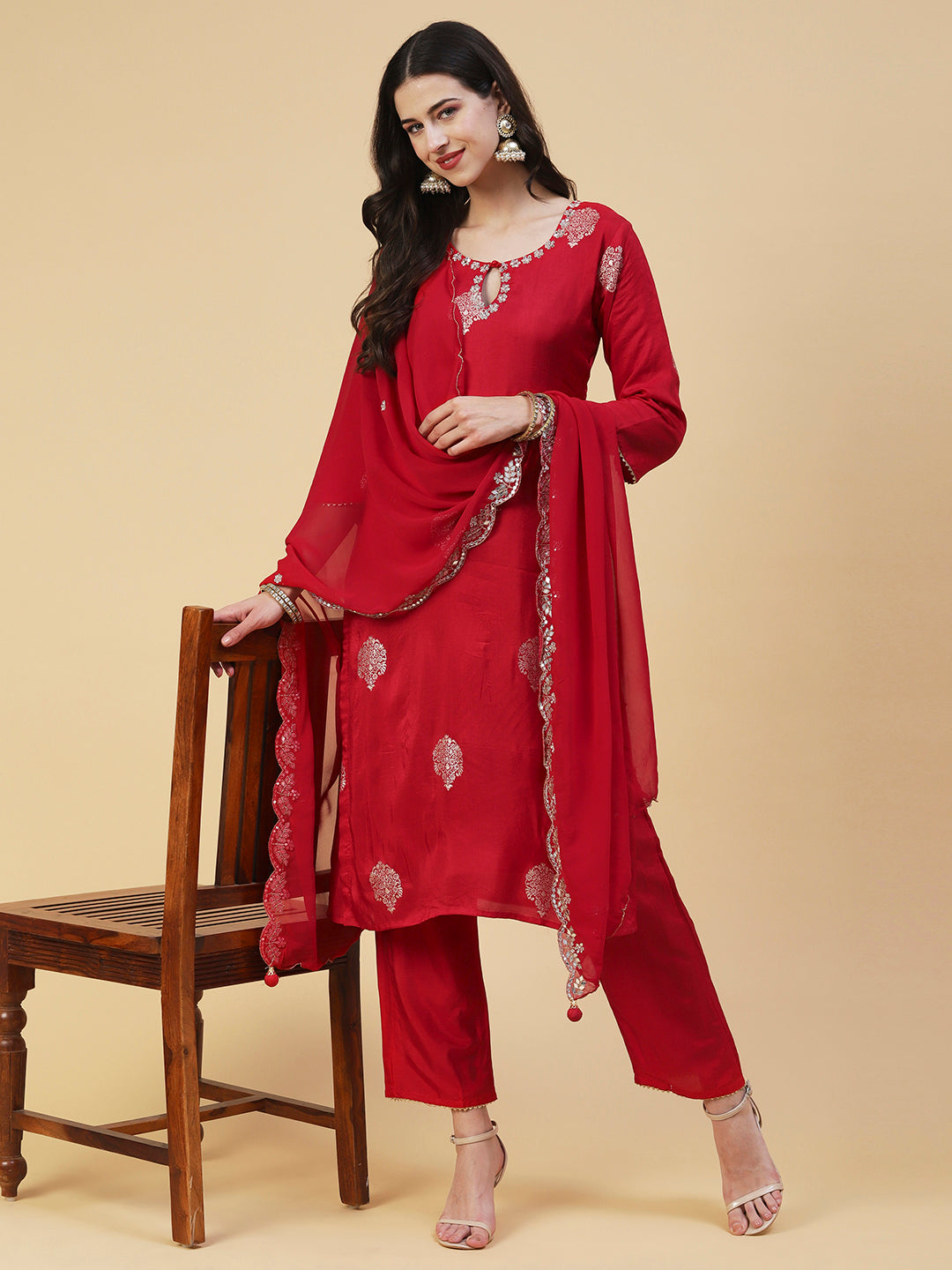 Ethnic Woven & Hand Embroidered Straight Kurta with Pant & Dupatta - Red