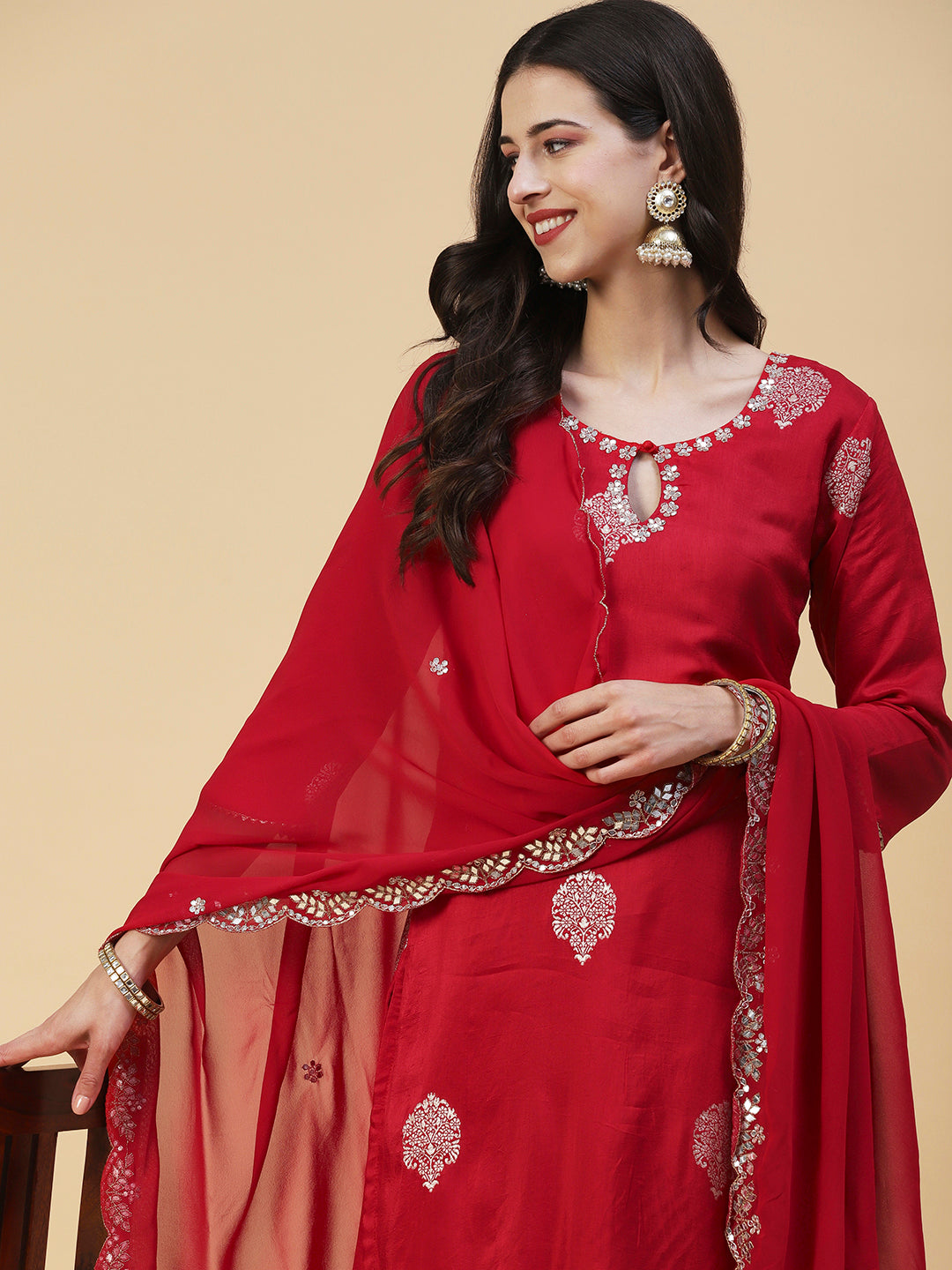 Ethnic Woven & Hand Embroidered Straight Kurta with Pant & Dupatta - Red