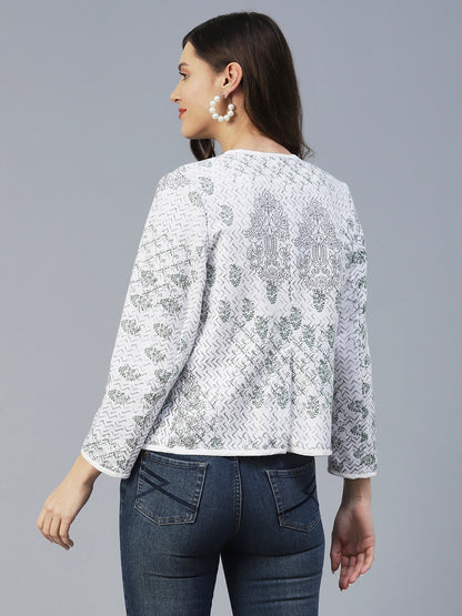 Winter Edition Ethnic Floral Printed Front Open Jacket - White