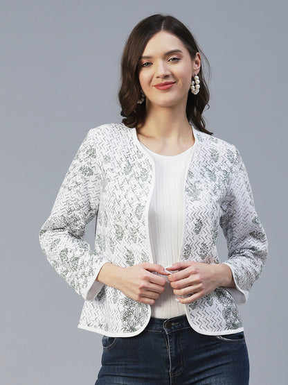 Winter Edition Ethnic Floral Printed Front Open Jacket - White