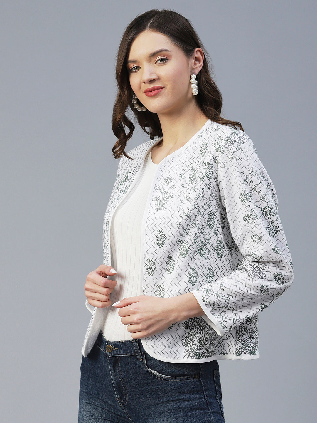 Winter Edition Ethnic Floral Printed Front Open Jacket - White