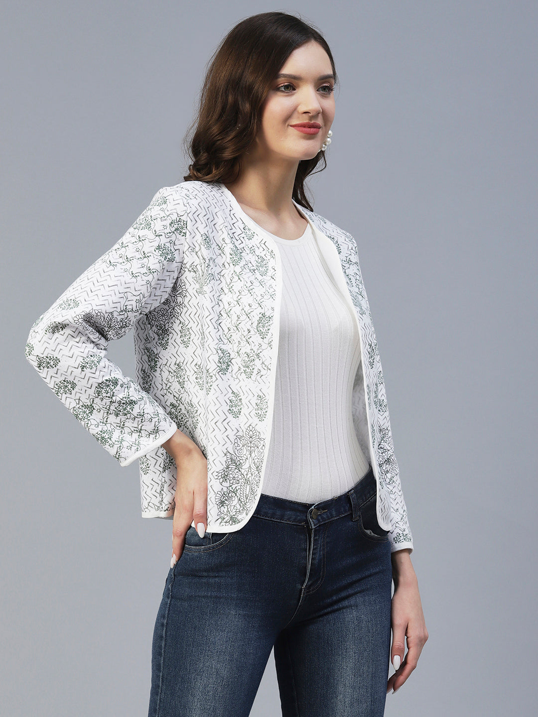 Winter Edition Ethnic Floral Printed Front Open Jacket - White