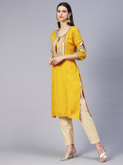 Solid Floral Embroidered Straight Fit Kurta - Yellow