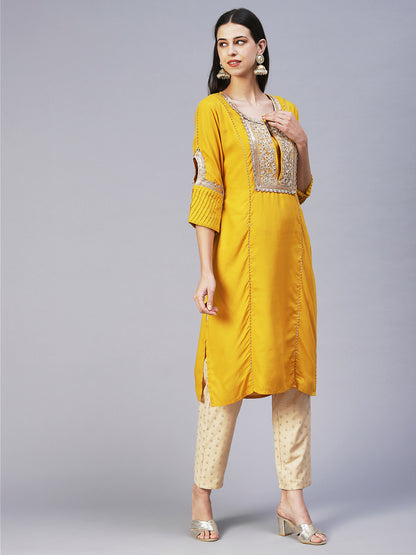 Solid Floral Embroidered Straight Fit Kurta - Yellow