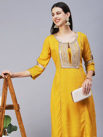 Solid Floral Embroidered Straight Fit Kurta - Yellow