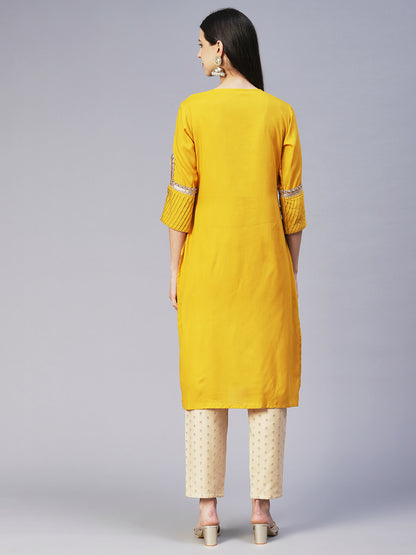 Solid Floral Embroidered Straight Fit Kurta - Yellow