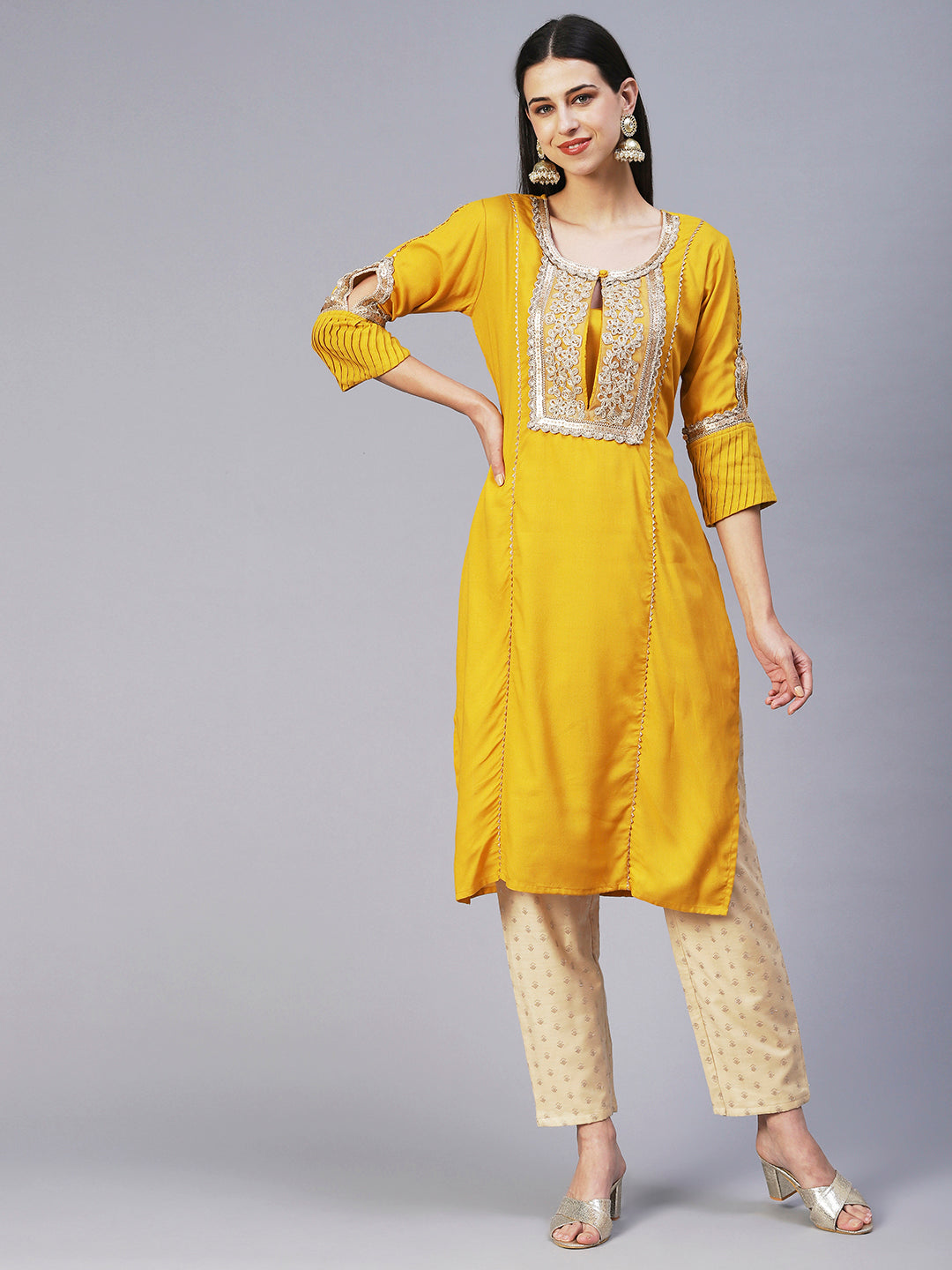 Solid Floral Embroidered Straight Fit Kurta - Yellow