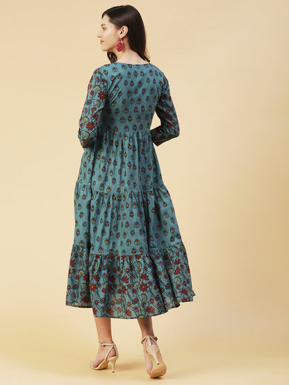 Floral Printed Zari & Mirror Embroidered Tasseled Tiered Dress - Blue