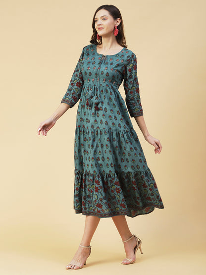 Floral Printed Zari & Mirror Embroidered Tasseled Tiered Dress - Blue