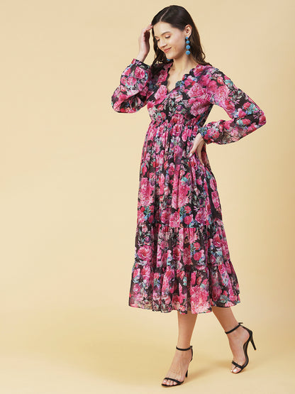 Floral Printed Tiered Fit & Flare Midi Dress - Multi
