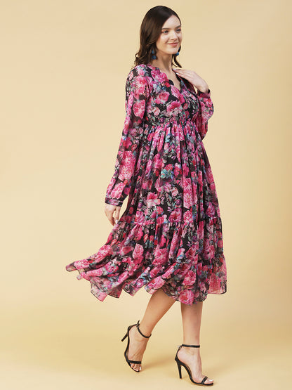 Floral Printed Tiered Fit & Flare Midi Dress - Multi