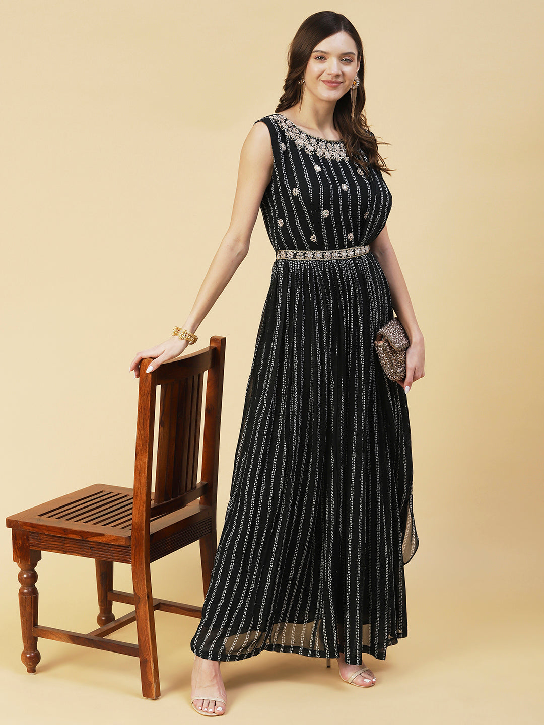 Stripes Printed & Floral Hand Embroidered Fit & Flare Maxi Dress - Black