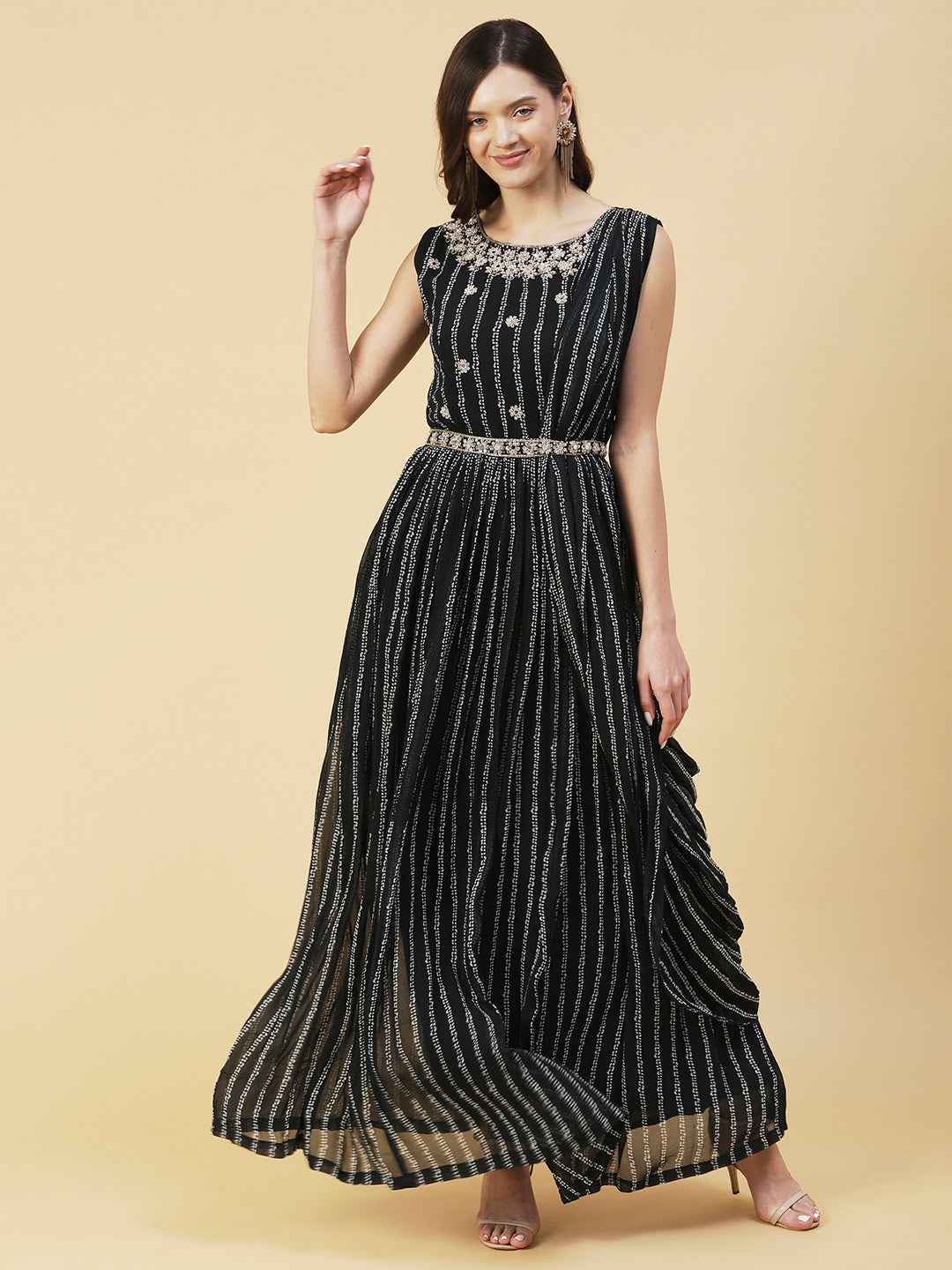 Stripes Printed & Floral Hand Embroidered Fit & Flare Maxi Dress - Black