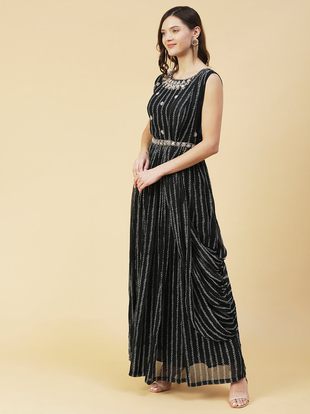 Stripes Printed & Floral Hand Embroidered Fit & Flare Maxi Dress - Black