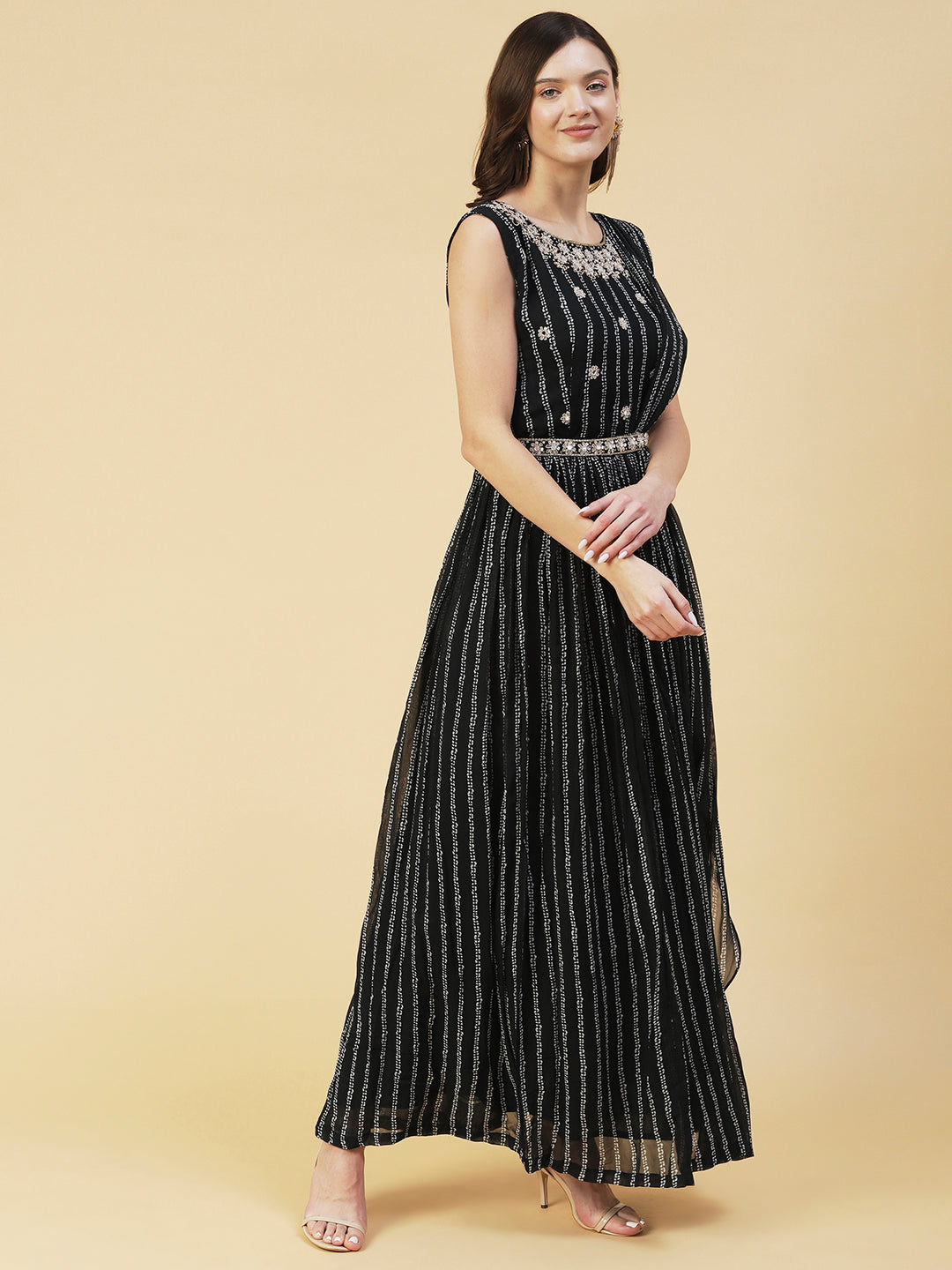 Stripes Printed & Floral Hand Embroidered Fit & Flare Maxi Dress - Black