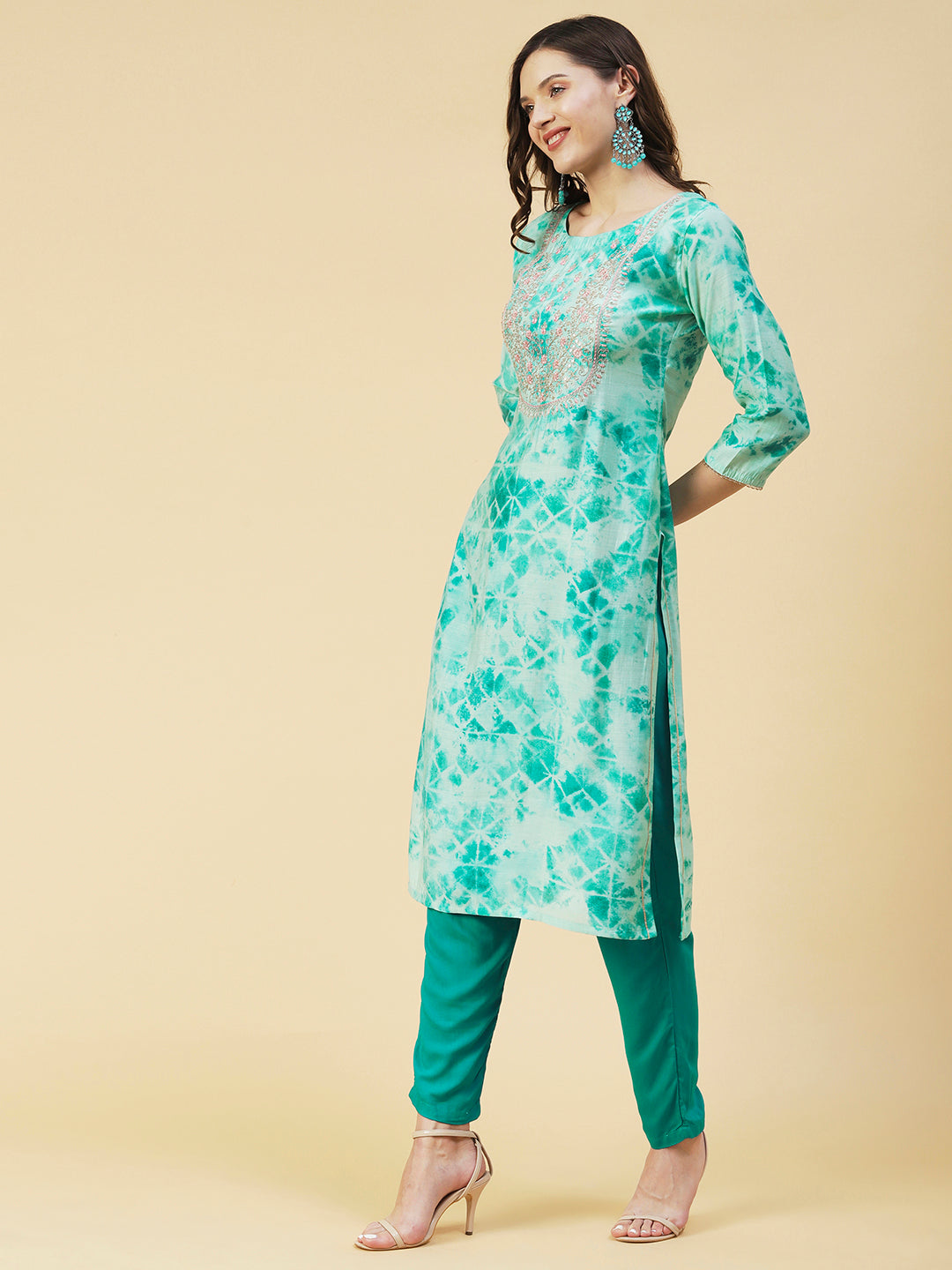 Abstract Printed Zari & Resham Embroidered Kurta - Turquoise Blue