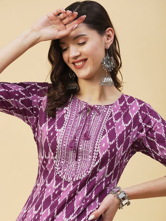 Barfi Jaal Printed Mirror Embroidered Kurta - Mauve