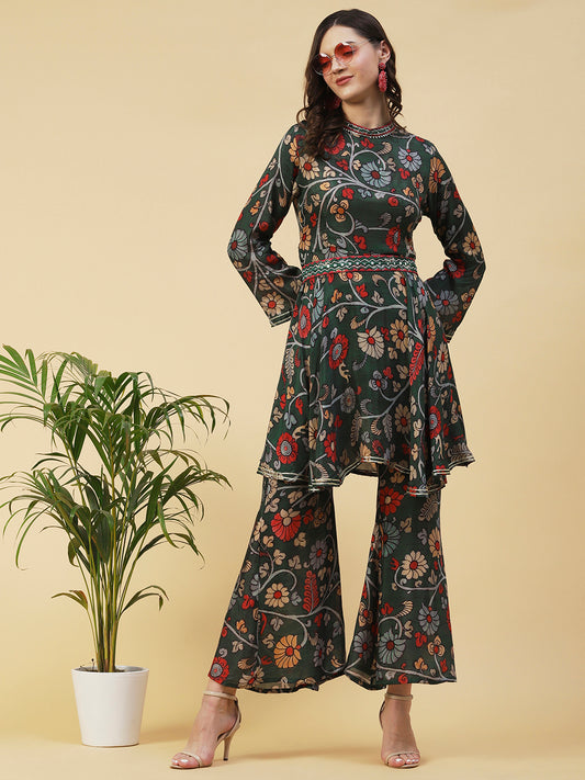 Ethnic Floral Printed & Embroidered A-Line Kurta with Palazzo - Green