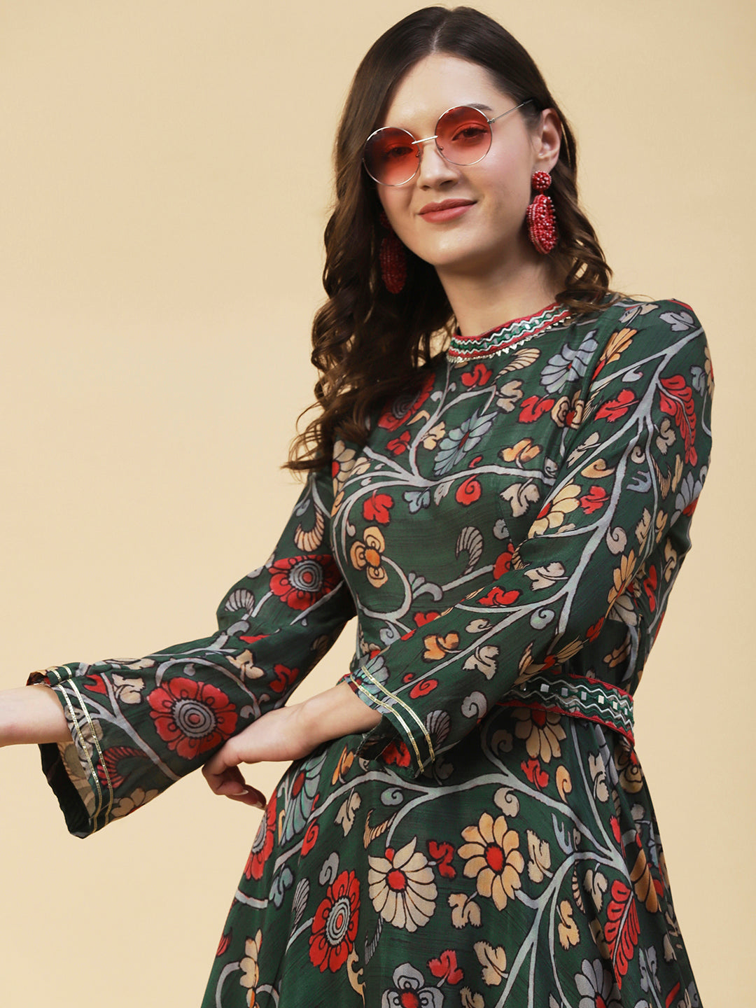 Ethnic Floral Printed & Embroidered A-Line Kurta with Palazzo - Green